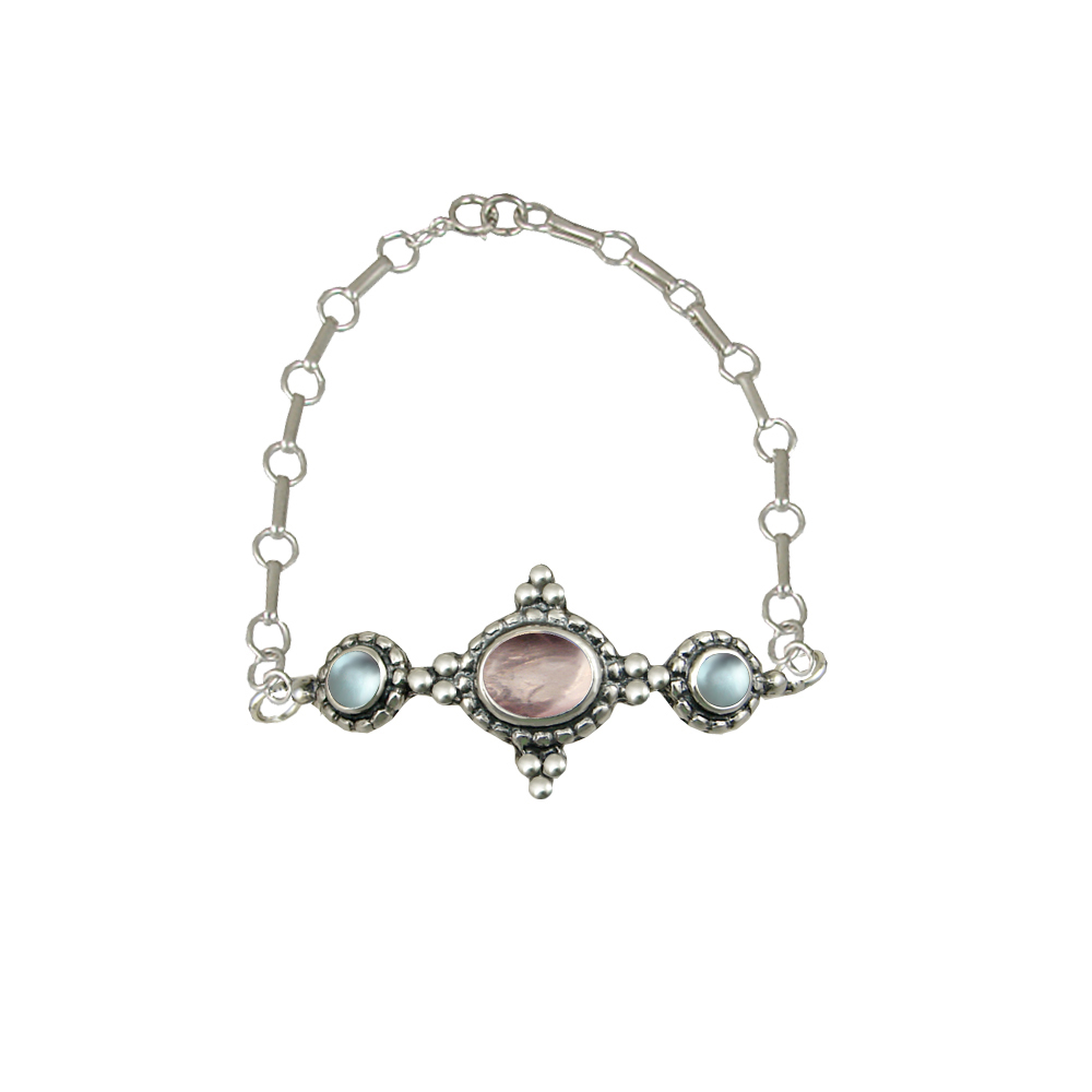 Sterling Silver Gemstone Adjustable Chain Bracelet With Rose Quartz And Blue Topaz
